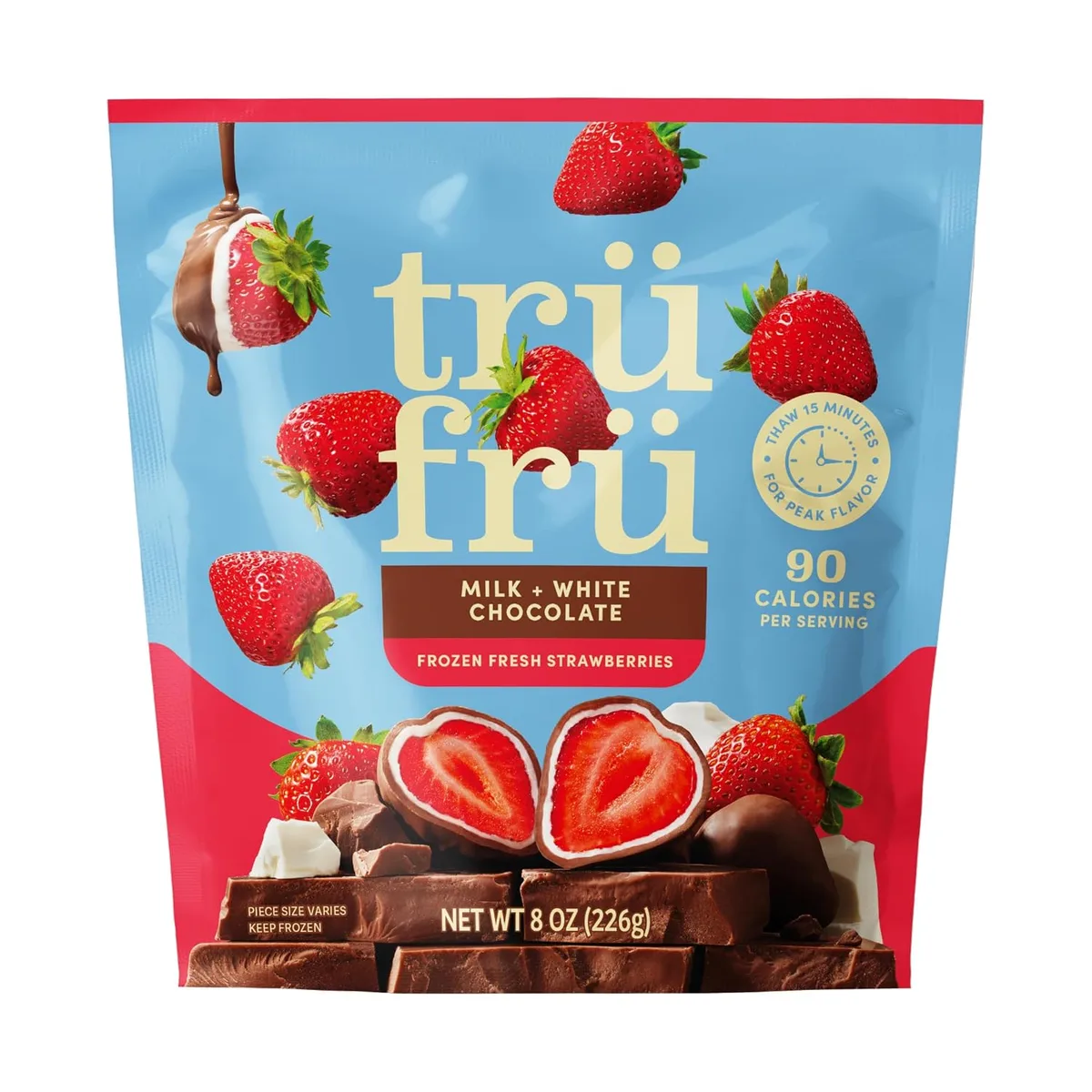 Morangos congelados Tru Fru com chocolate ao leite e branco, pacote de 227g