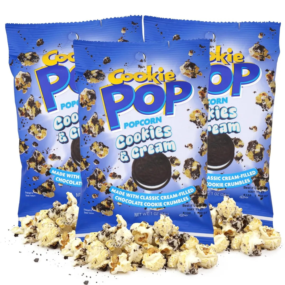 Pipoca sabor Cookies & Cream com pedaços de biscoito crocantes, 28g (pacote com 3)